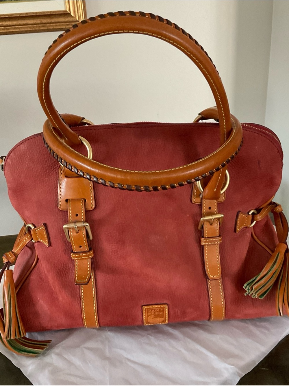 Dooney & Bourke Domed Nubuck Double Handle Satchel In Red-Brown Color